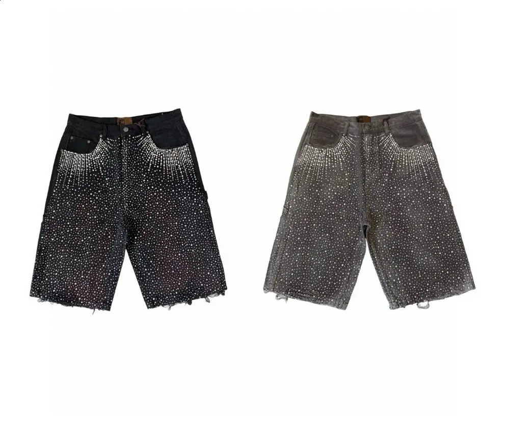 Streetwear Retro Ripped Denim Shorts Men Women Harajuku Hip Hop Punk Twinkle Rhinestone Short Jeans Gothic Brown Baggy Shorts 250411