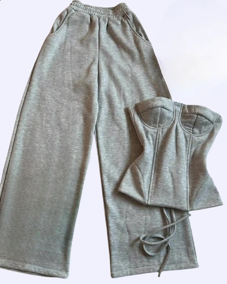 Y2K Autumn Winter Pants Set Womens Clothing Harajuku Casual Sweatpants Goth Sexy Slim Tube Tops Light Gray Two Piece Set Outfits 250411