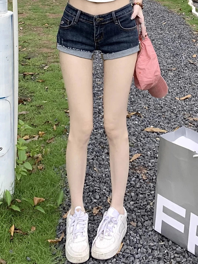 Summer Women Korean Denim Shorts Pants Lady Low Waist Elastic Slim Fit Pants Female Sexy Deep Blue Hip Wrapping Jeans 250409