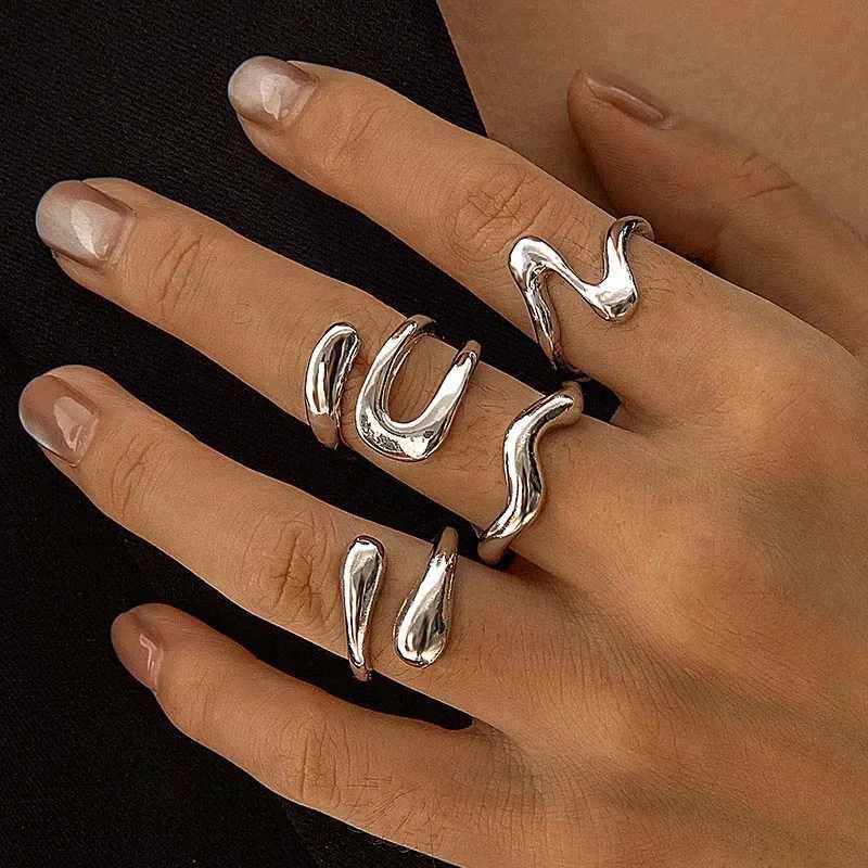 4-piece/set fashionable silver irregular geometric opening ring suitable for women men punk metal adjustable knuckles joint rings jewelry giftsXJ25041