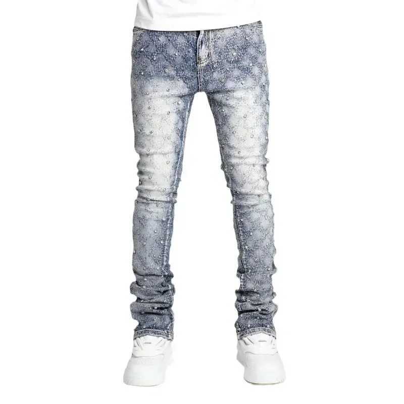 Mens personalized stacked jeans slim fit elastic pearl denim laminated pants mens fashionable straight jeans W250412