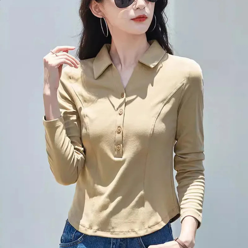 #3858 Black White Khaki Red Long Sleeve T Shirt Women Slim Korean Style Short Polo T Shirt Buttons Stretch Cotton Summer 2025 250411