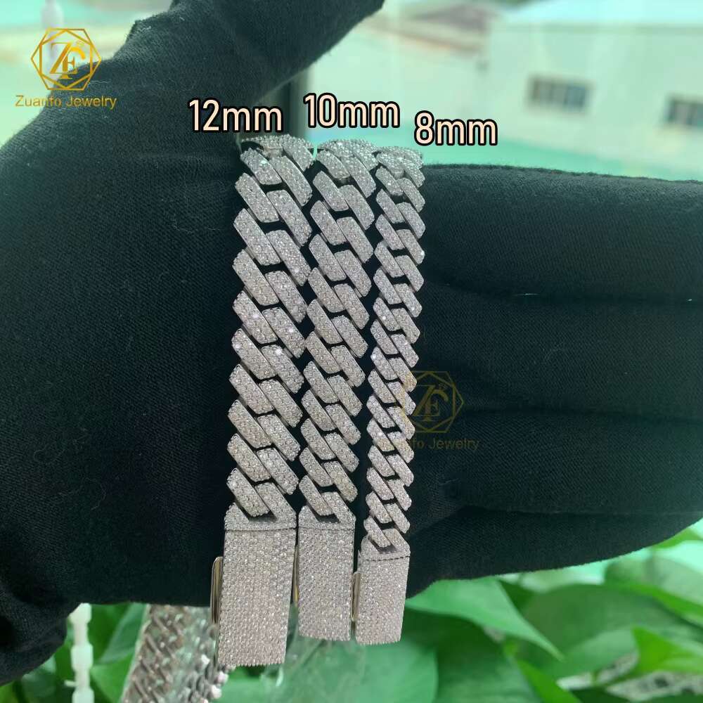 RTS 925 Sterling Silver Moissanite Diamond Necklace with 8mm-12mm GRA Ice Out Cubans 10mm Link Chain and Rapper Bracelet