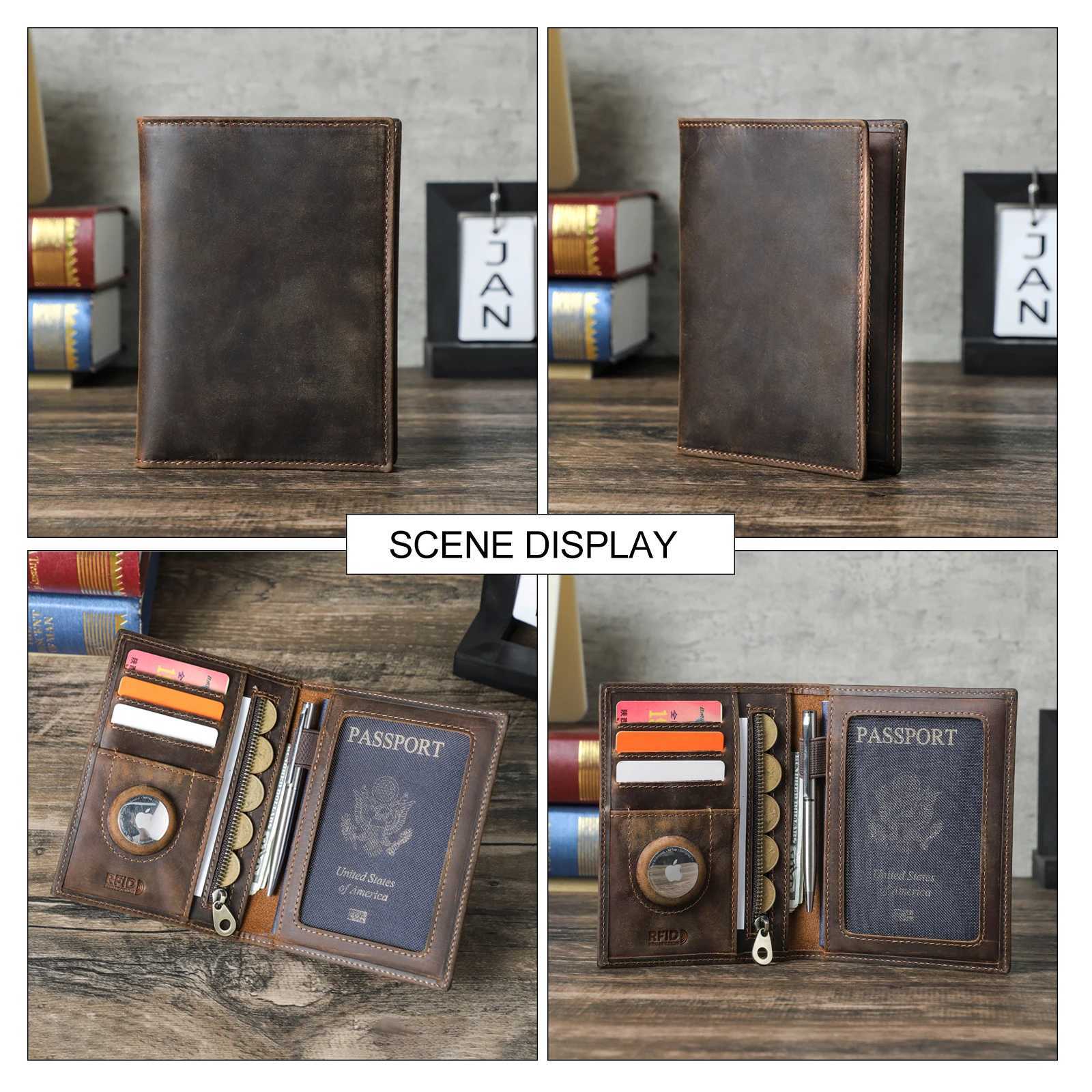 Genuine cowhide passport holder with Airtag shell travel wallet anti loss pocket pen card holder RFID blocking passport cover Z250411