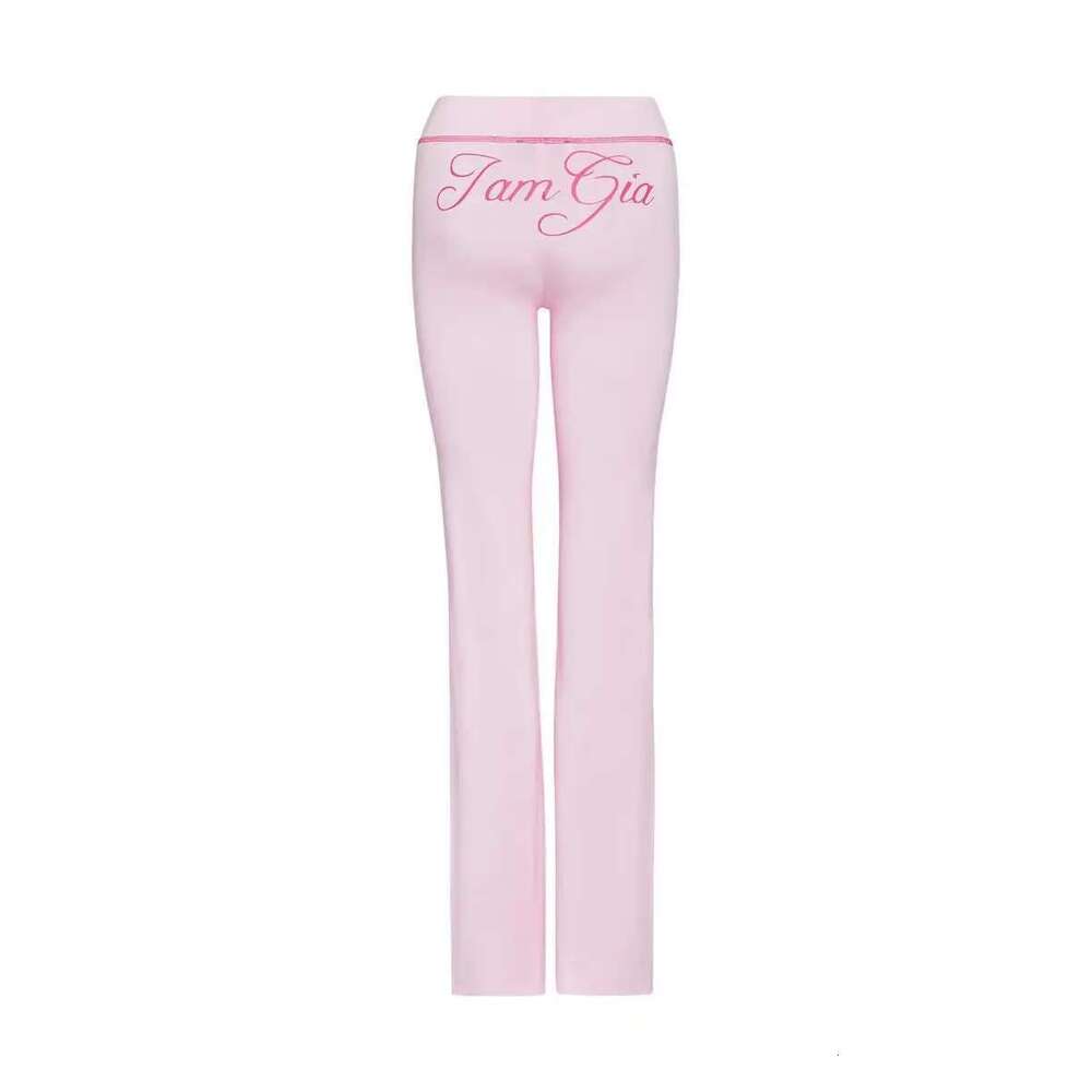 Designer Clothes Iamgia Pink Cotton Zipper Hooded Long Sleeved High Stretch Top Low Waist Micro Flared Pants For Women 2024