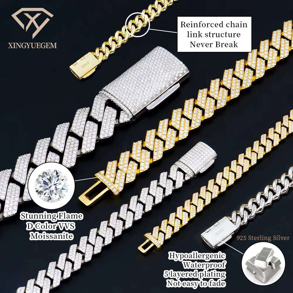 Wholesale Custom 8 10 12 14 18 20 mm 925 Sterling Silver Hiphop Jewelry Iced Out Diamond Moissanite Mossanite Cuban Bracelet