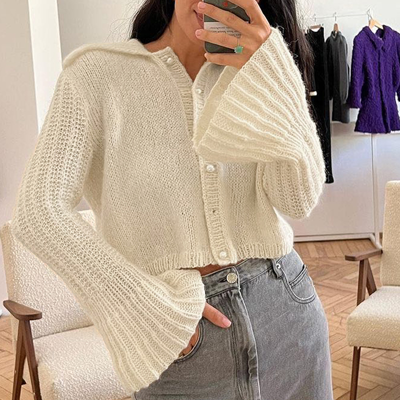 Women's solid color cardigan sweater coat loose fit large collar flared sleeves with pearl buttons a versatile fashion sweater lovely and elegant