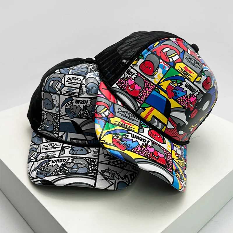 New Fashion Mens Printed Cartoon Baseball Cs Breathable Sunset Edition Korean Hip Hop Half Mesh Hat on Trend StreetXJ250411