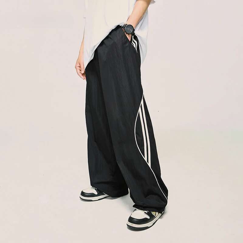 Striped Side Wide Leg Trousers Men Drawstring Waist Sportswear Track Pants
