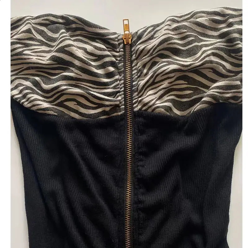Korean Bodysuit Zebra Stripes Zipper Tank Tube Crop Top Woman Punk Goth Clothes Y2k Summer Slim Shirt Grunge Streetwear Camisole 250411