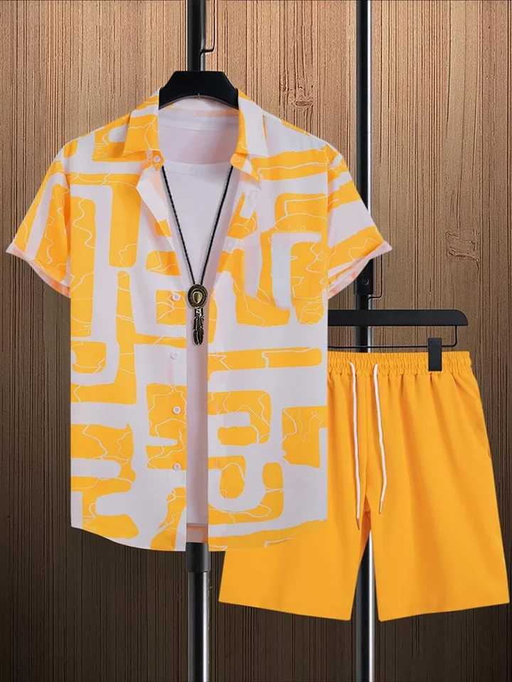 2025 Summer New Mens Texture Pattern Sports Shirt Hawaii Short Sleeve T-shirt Set Fashion Casual Mens Shorts Two Piece SetXJ250412