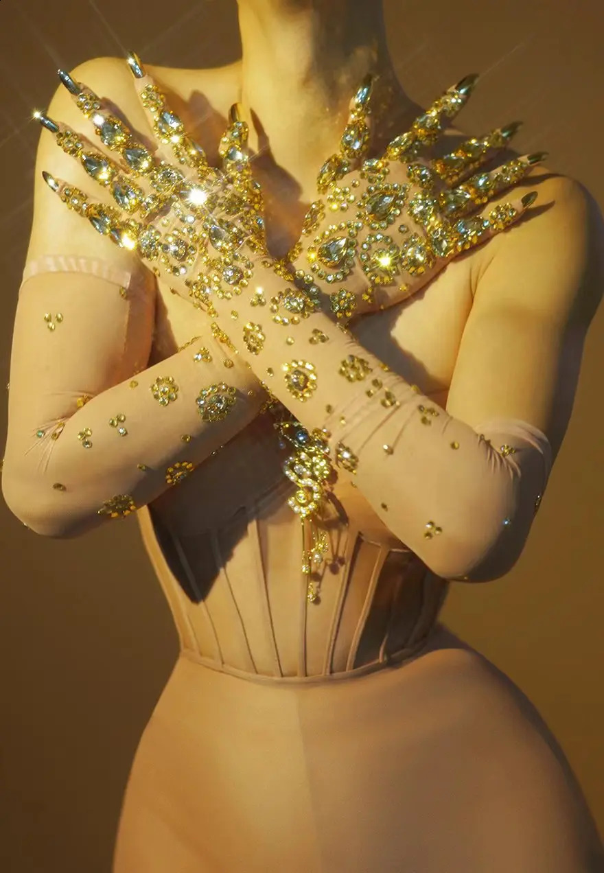 Shining Gold Rhinestone Gloves Women Fashion Mesh Birthday Celebration Party Long Gloves Dancer Stage Accessories Jinshouzhi 250408