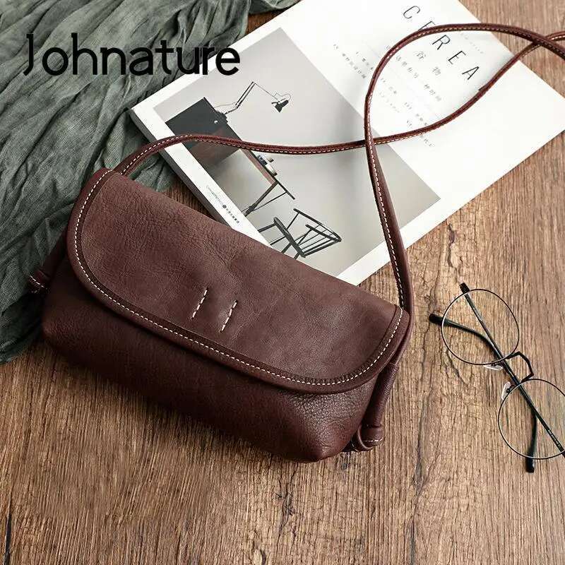 Johnature Handmade Retro Soft Cow Leather Women 2025 New Simple Solid Color Shoulder Bags Leisure Ladies Small Messenger Bag