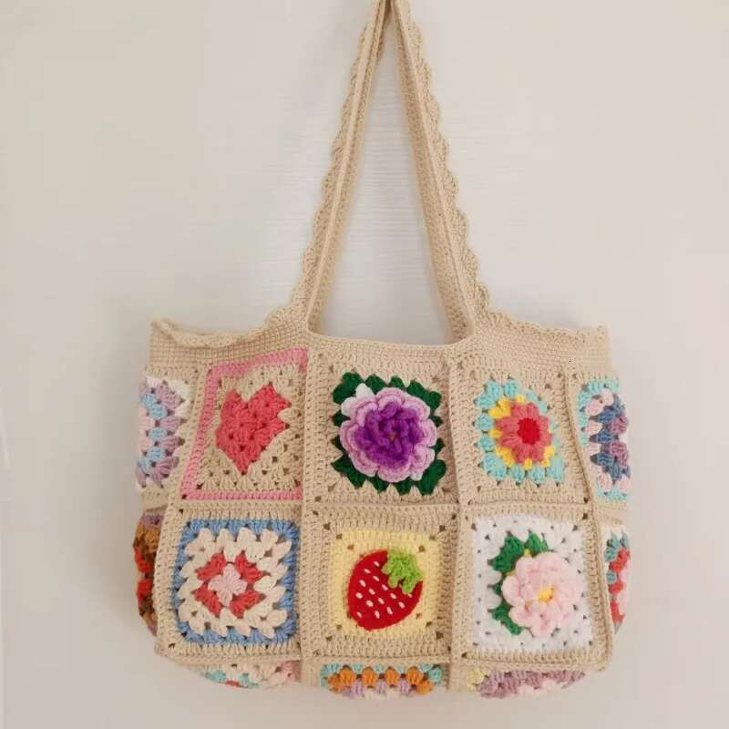 Strawberry Cherry Crochet Granny Square Large Tote Shoulder Handmade Shopping Handbag Vintage Style Summer Beach Bag