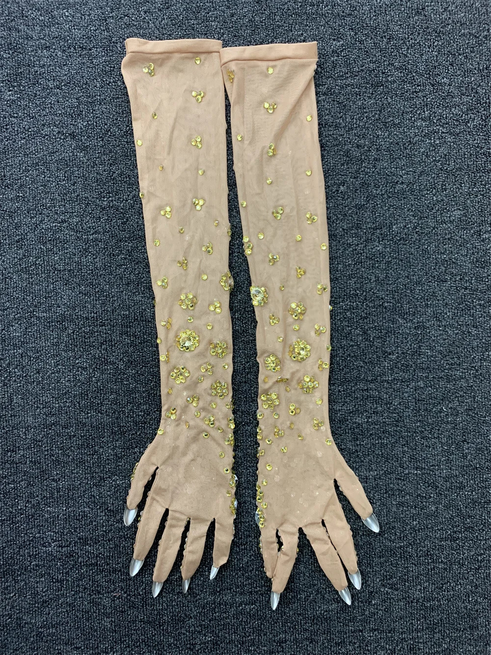 Sexy Gold Rhinestones Mesh Long Gloves Women Dancer Singer Nightclub Stage Party Show Accessories Sparkly Decoration 250408