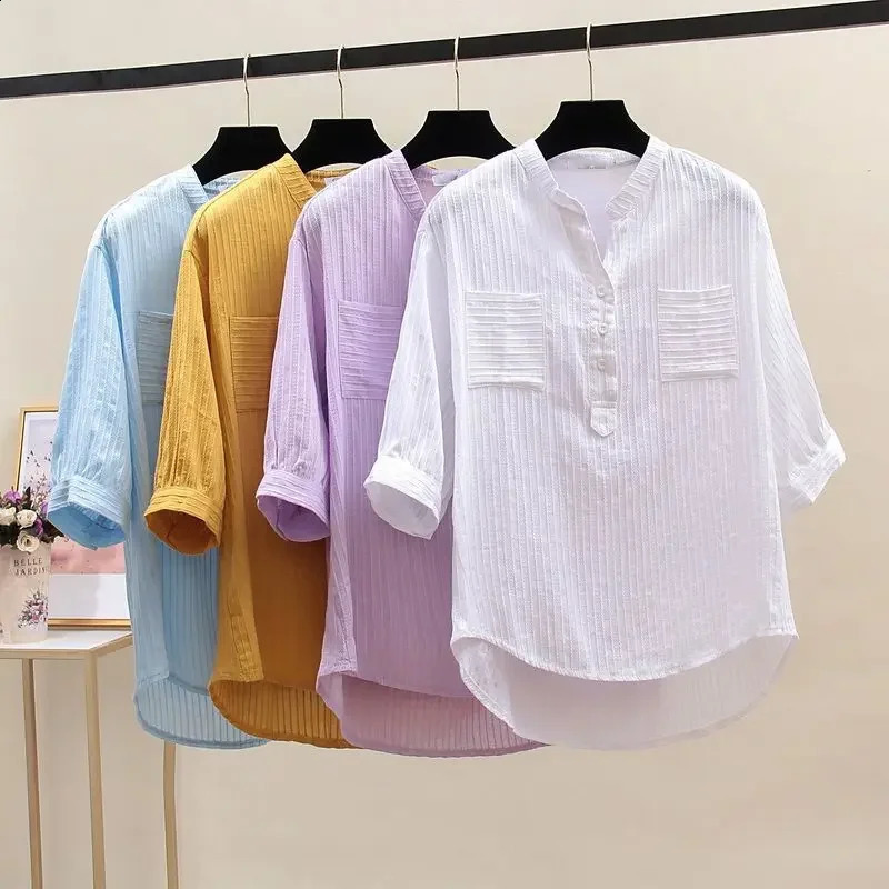 High-End Pure Cotton White Long Sleeve Womens Shirt Loose Casual V-Neck n Outerwear Top Quality Comfortable Fashion 250411
