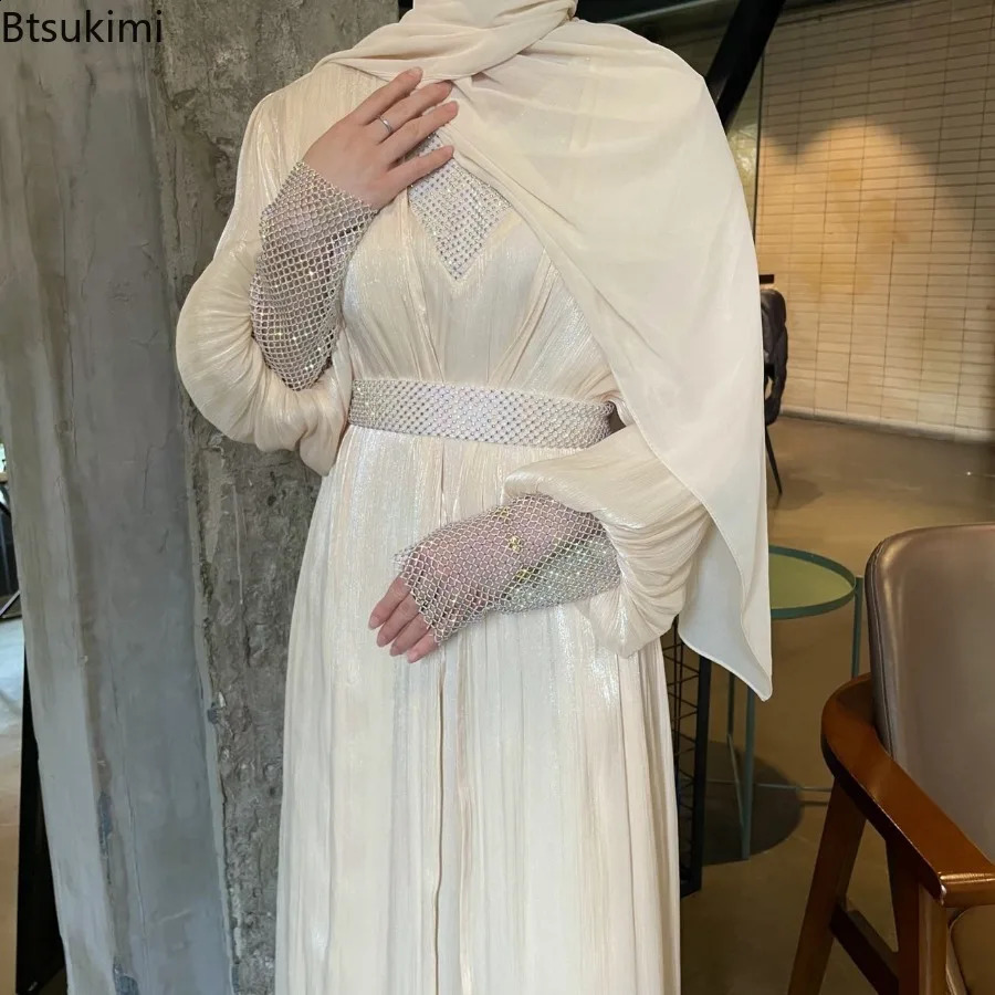 Muslim Fashion Abaya Womens Shiny Diamond Kimono Open Abayas Maxi Dress Jalabiya Ramadan Eid Dubai Evening Kaftan 250411