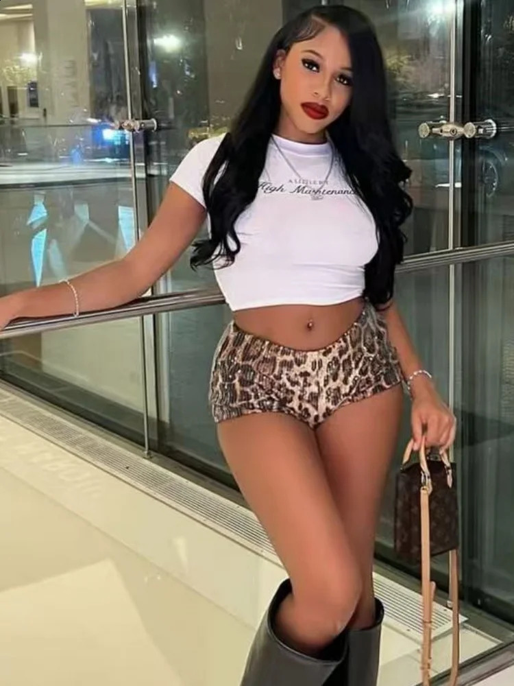 Joskaa Sequins Leopard Print Shorts Women Hipster Sexy Low Waist Stretch Pants Autumn Midnight Club Bottoms Y2K Streetwear 250409