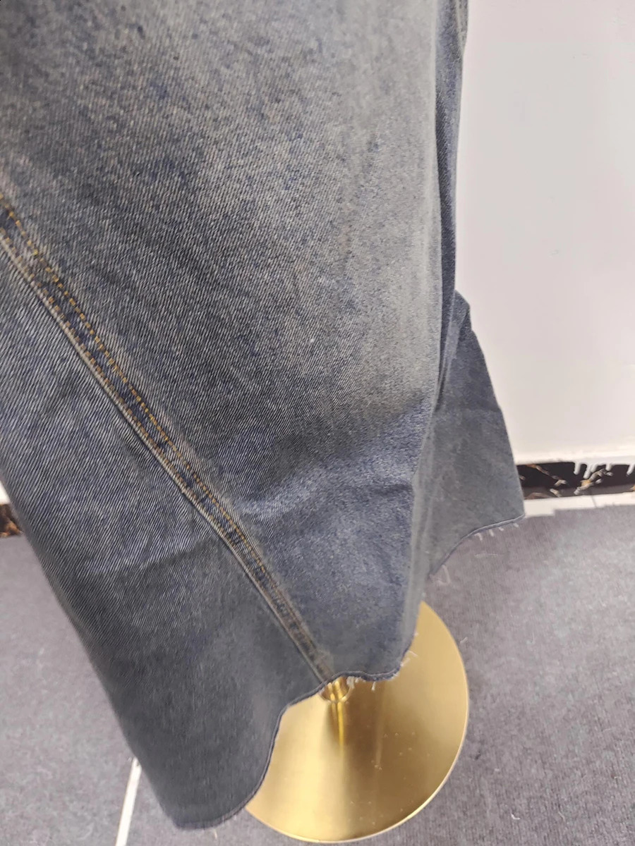 VGH Spliced Denim Two Piece Sets For Women Stand Collar Long Sleeeve Short Top High Waist Back Split Skirt Vintage Suits Female 250411