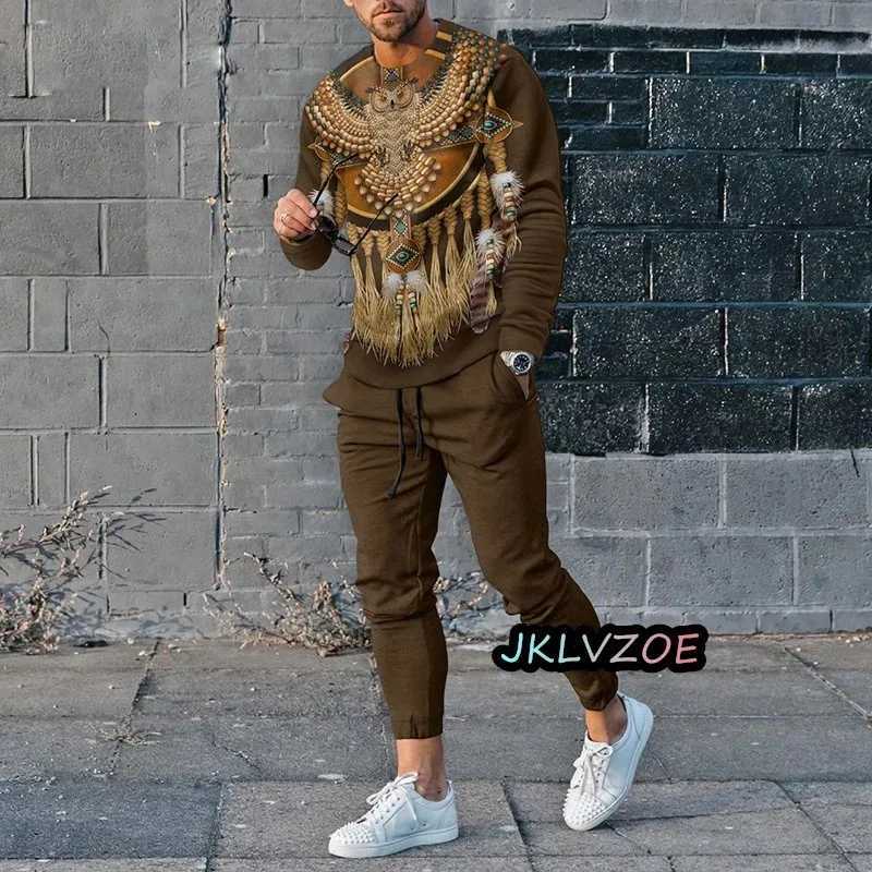 Autumn mens track suit set printed long sleeved T-shirt Trouser 2-piece set 3D striped streetwear oversized casual setXJ250412