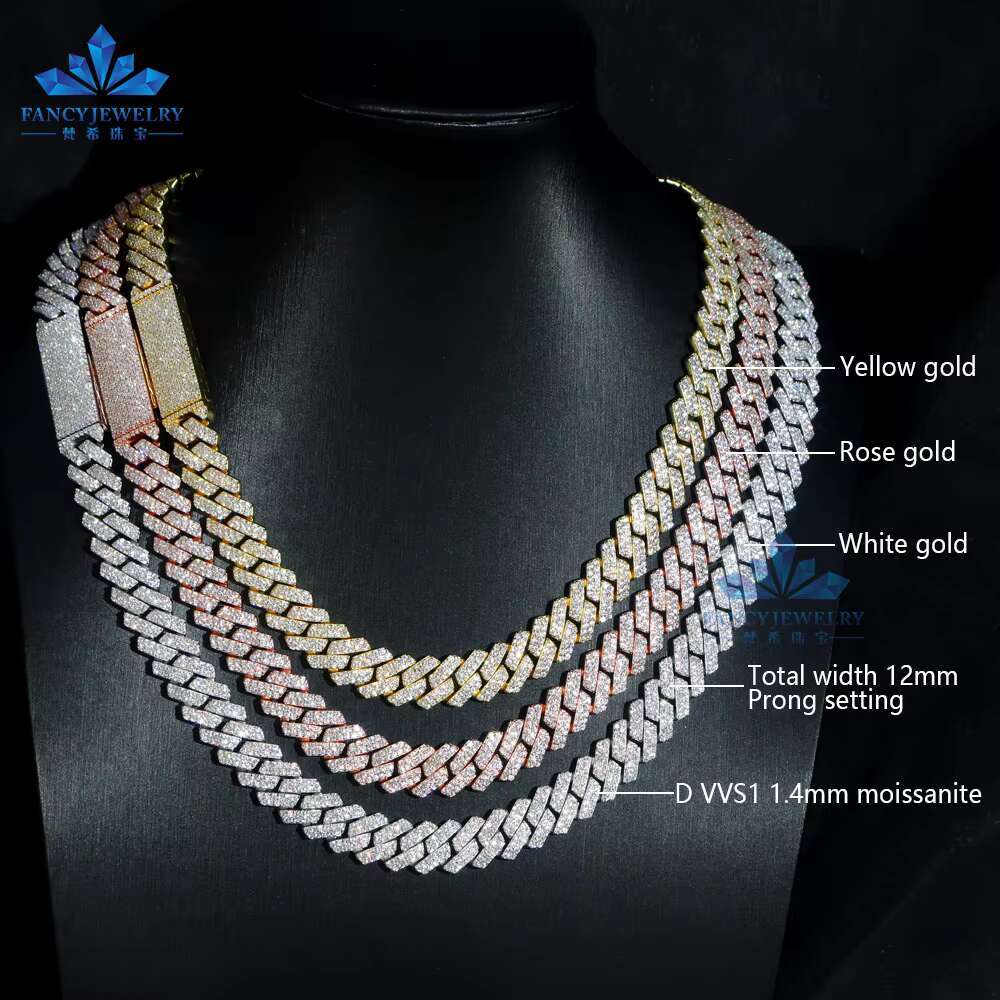 Trendy Factory Direct Sale 925 Silver Cuban Link Chain Necklace 8mm-15mm Sizes with Iced VVS Moissanite Diamond Hip Hop Gift