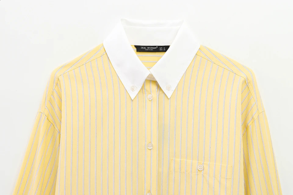 TRAFZA Women Casual Butter Yellow Shirt Striped Lapel Buttons Loose Shirt 2025 Spring Holidays High Street Versatile Shirts 250411