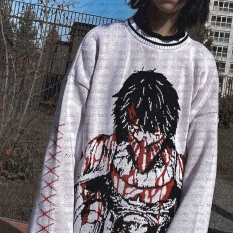 Gothic Black Cartoon Anime Jacquard Knitted Y2k Winter Warm Oversized Women's Sweater 2000S Punk Hip-Hop Streetwear