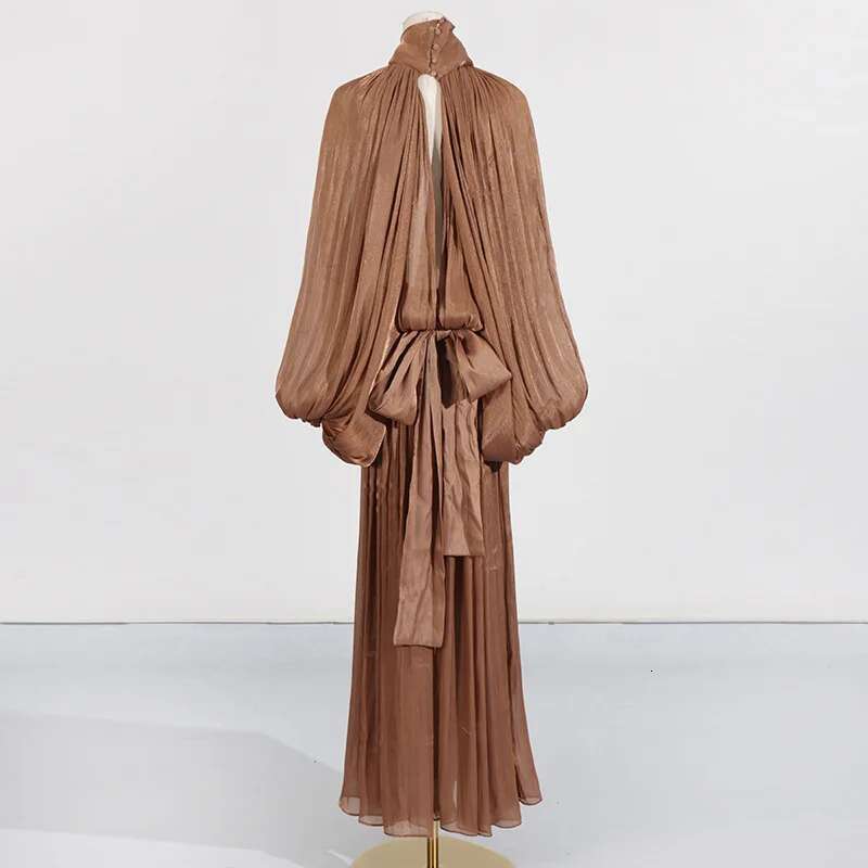 PREPOMP 2025 Spring New Arrival Stand Collar Long Batwing Sleeve Lace-Up Maxi Dress Women Gt275
