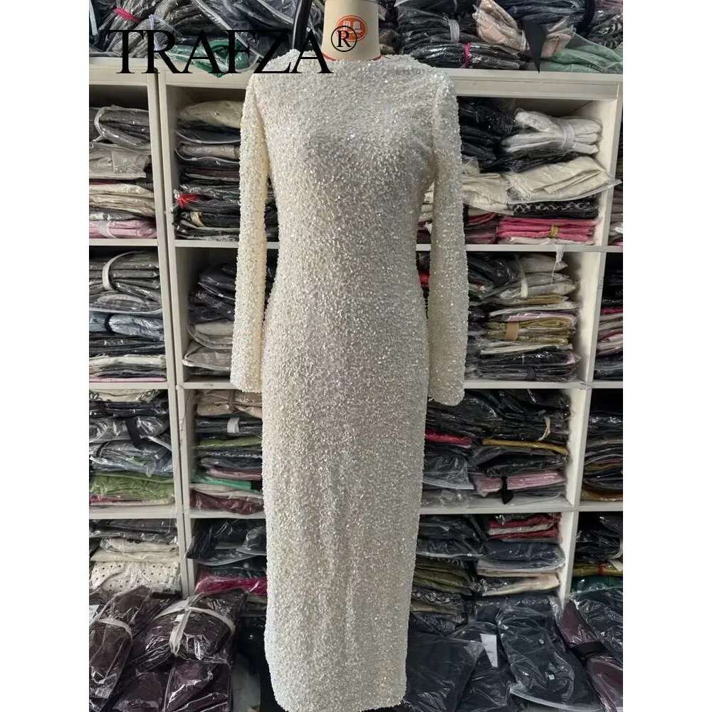 TRAFZA Autumn Party Dress Woman 2024 Trendy Solid O-Neck Sleeve Sequins Decorate Zipper Female High Street Long Dresses