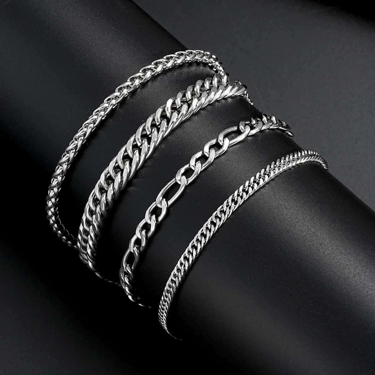 4Pcs/Set Vintage Silver Color Twisted Chain Bracelets for Men Goth Cuban Adjustable Link Charm Bangles Couple Hand Jewelry GiftsC250411