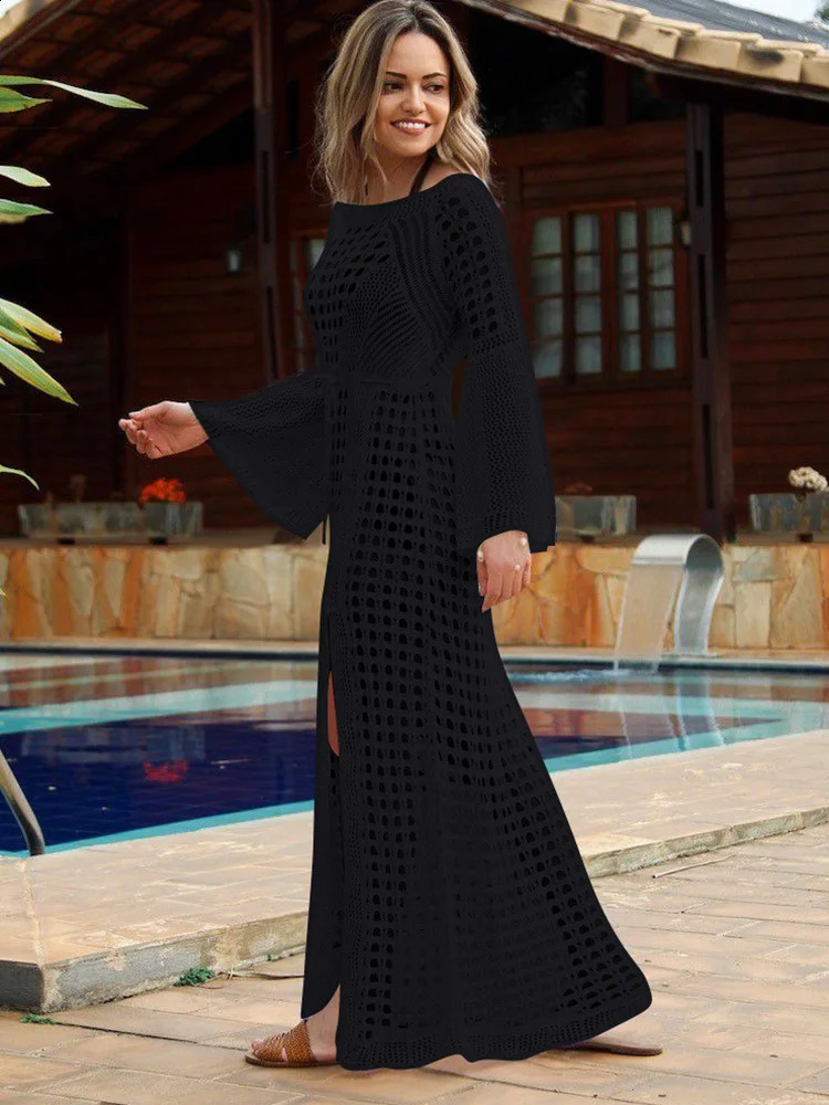 OIINAA Beach Cover-Ups Women Swimsuit Cover Up Solid Hollow Out Lace Up Long Sleeve Slit Cut Beach Long Dress Summer Fashion 250411