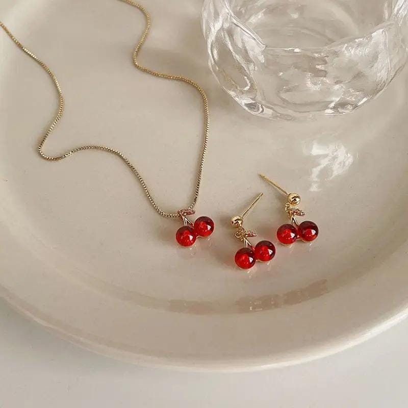 Two piece cherry themed jewelry set for women, including necklace and earrings