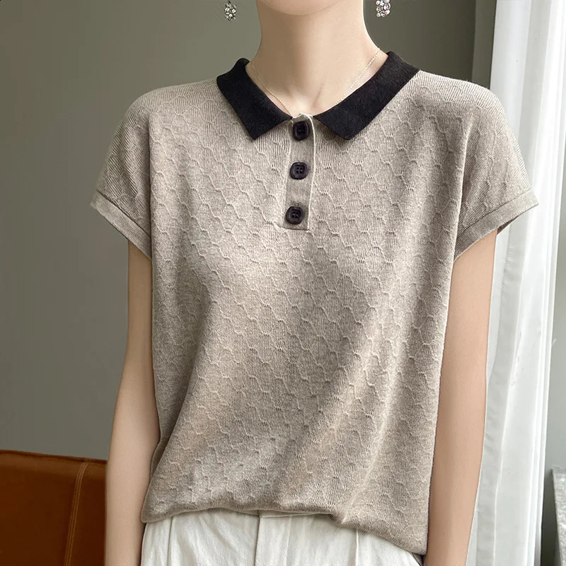 Womens T-shirt Summer Worsted Knitted Sweater Short Sleeve Casual Splicing Ladies Clothes POLO Collar Tops Loose Tees 250411