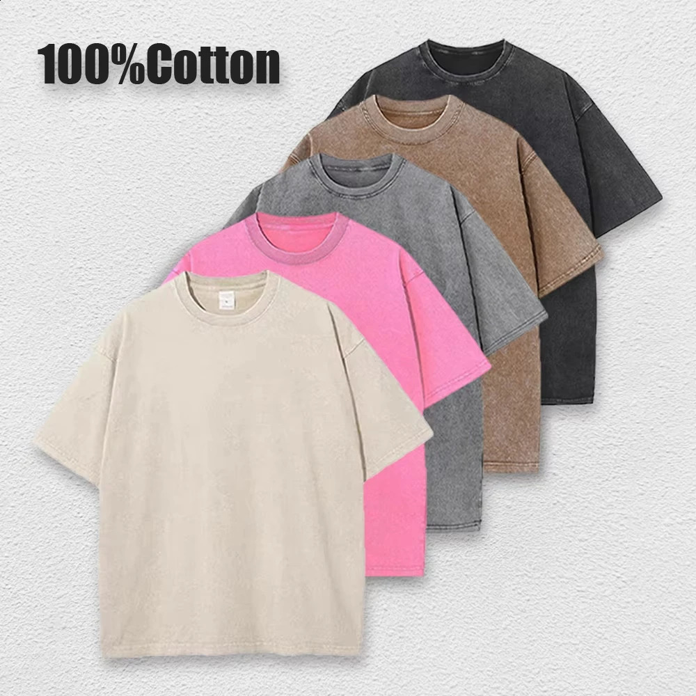 Hip Pop Oversized Short-Sleeved Tshirt Acid Washed Pure Cotton Solid Shirt Retro Harajuku for Men and Women Loose Tees Unisex 250411