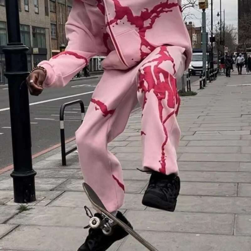 Foam Printing Hoodies Hip Hop Fashion Irregular Pattern Hoodie Pants Set Women Y2k Streetwear Skateboard Oversize Sweatshirt