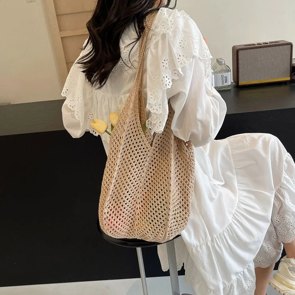 Women Hollow Summer Bag Solid Color Aesthetic Hobo Bag Large Capacity Knitted Tote Handbag Ladies Daily Handbag 250407