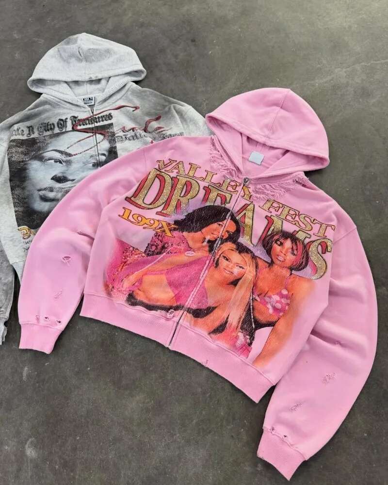 2025 Y2k American Haruku Retro Cartoon Printed Sweatshirt Men Casual Loose Hip Hop Oversized Zipper Hoodie Women
