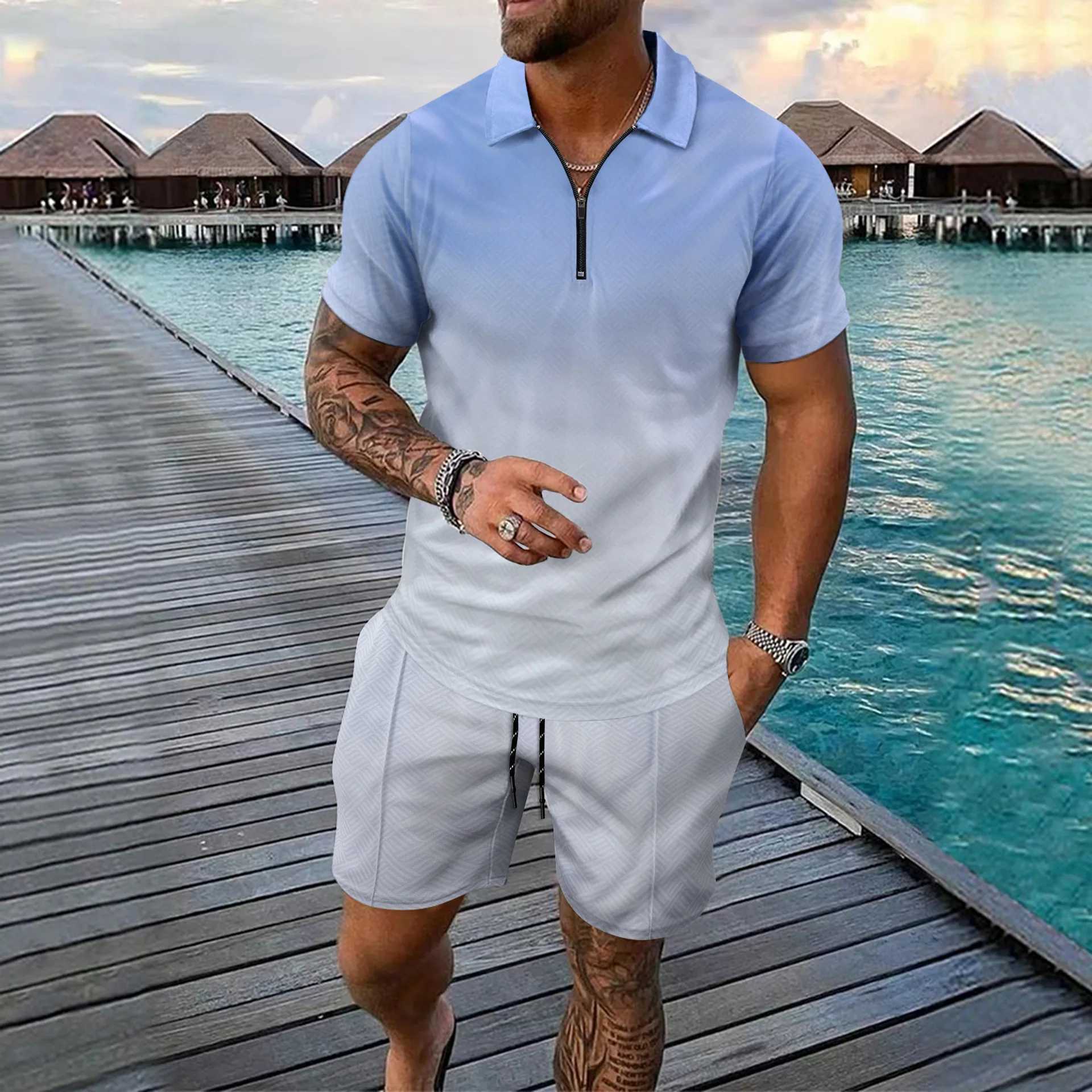 Casual fashion zipper short sleeved mens summer T-shirt top and pants outdoor two-piece setXJ250412