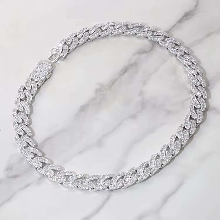 15MM Wide Baguette Moissanite Sterling Silver 925 Plated Real Gold With Vvs Moissanite Diamond Cuban Link Chain for Hip Hop Life