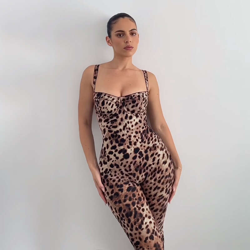 Women's Wear Women's Spring New Fashionable Sexy Leopard Print Strap, Bareback High Waist And Hip Lifting Tight Jumpsuit