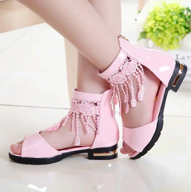 3 5 9 10 12 Years Kids Bow Sandals Children Girls Summer Cute Sandals Beach Princess Fashion High Heels Tassel School Shoes 250411