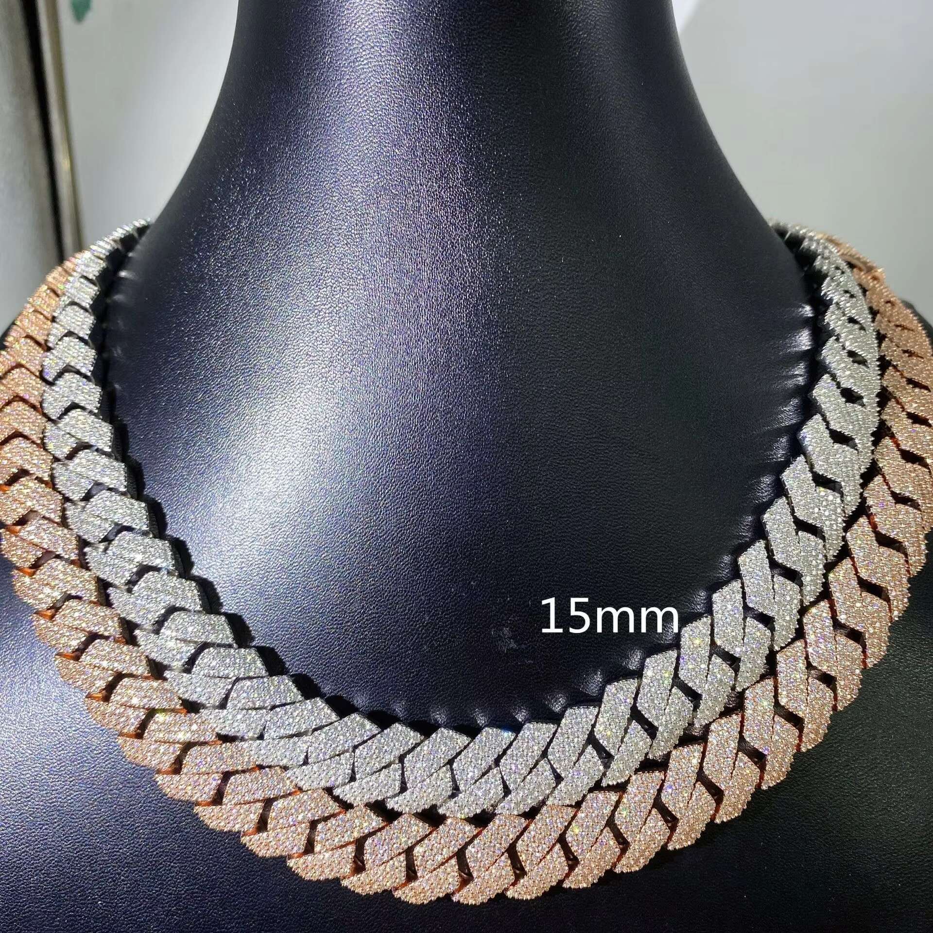 Hiphop Necklace 15mm VVS Moissanite Diamond Chain Rose Gold Plated Sterling 925 Silver Cuban Necklace Jewelry
