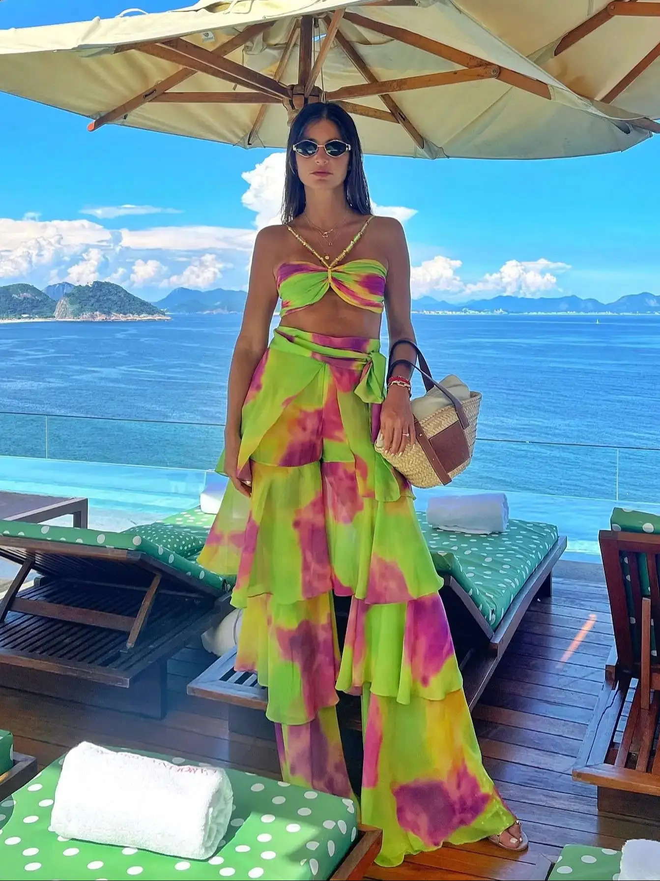 Sexy Print 3 Pics Women Bikini Set With Pants Pleated Bra High Waist Hollow Out Wide Leg Pants Suit Summer Beach Swimsuit 250409