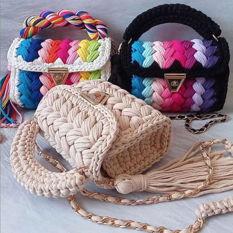 New Handmade Lady Shoulder Crochet Woven Bag Fabric Strip Designer Handbag Purses For Women Tote Bags