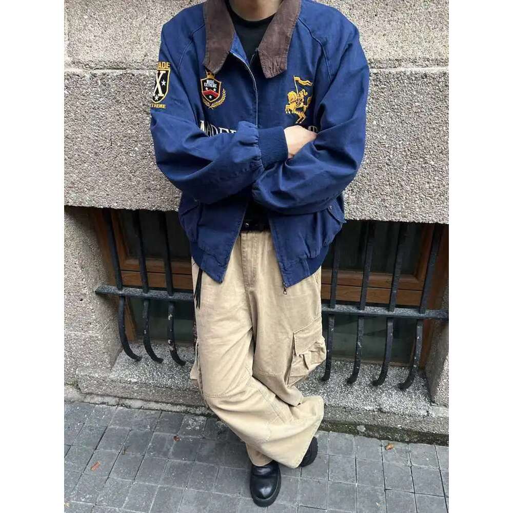 American Retro Bomber Niche High-End Autumn Winter Zipper Lapel Jacket Men's Detroit Workwear Embroidered Letter Coat