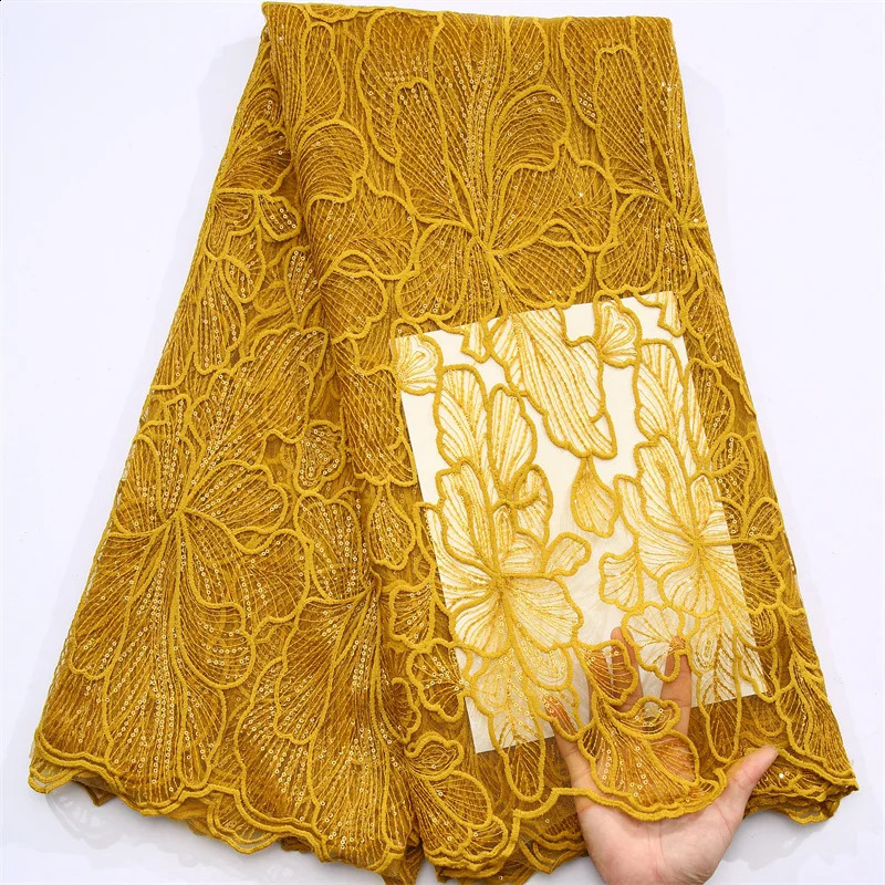 African Milk Silk Mesh Lace with Sequins 2025 French Net Lace Fabric Sewing Embroidered Lace Tulle Nigerian Women Wedding Dress 250407