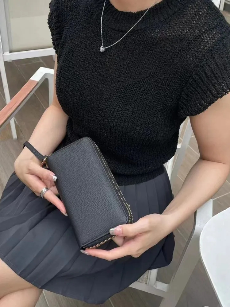 genuine leather womens wallet cowhide leather double zipper clutch bag business and leisure long wallet womens multi card wallet 250411