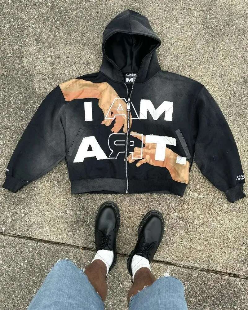 Gothpunk Retro Street Hoodie Personalized Letter Print Haruku Clothing Hip-hop Trend Oversized Loose Zipper Sweatshirt Men