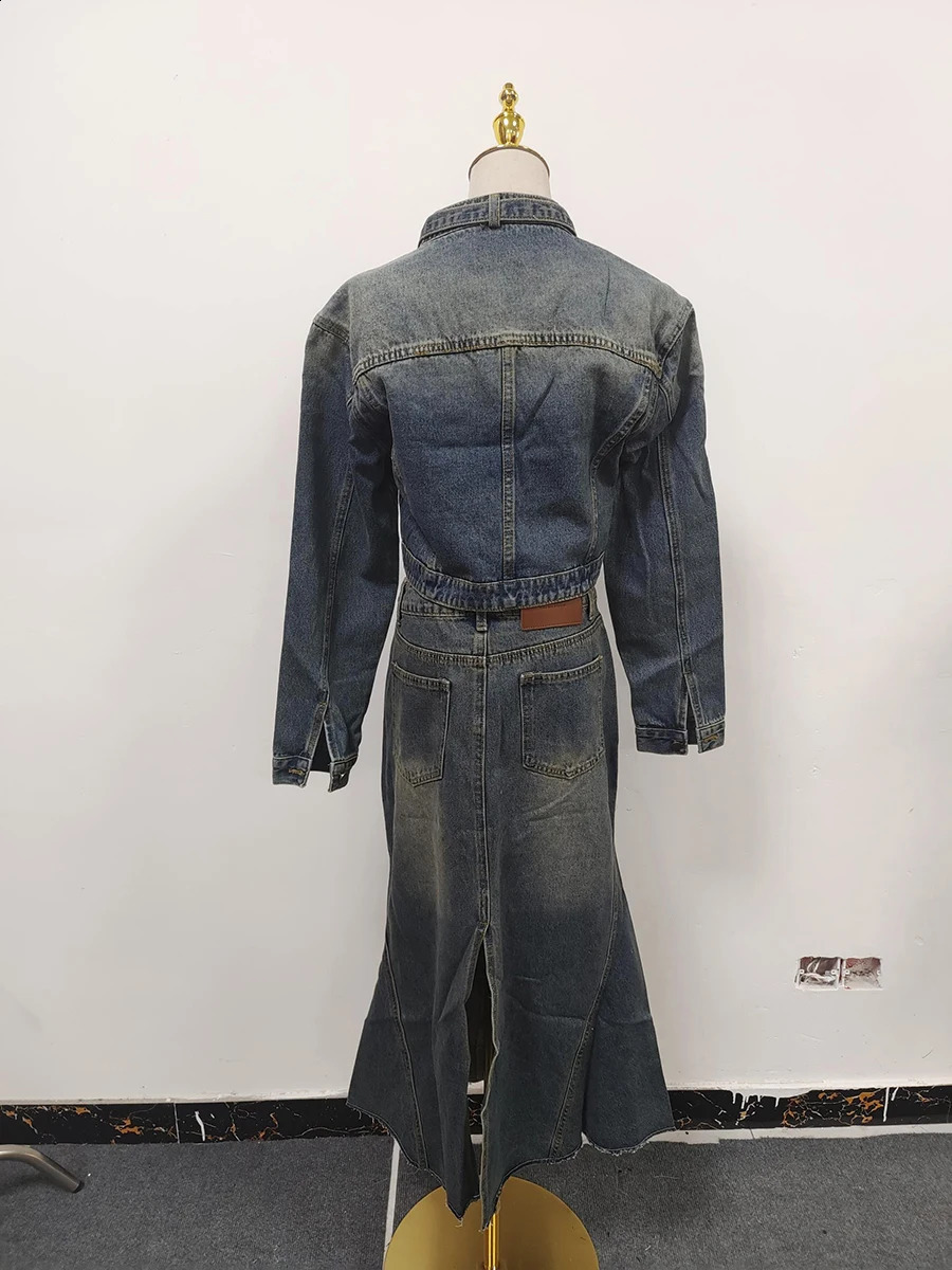 VGH Spliced Denim Two Piece Sets For Women Stand Collar Long Sleeeve Short Top High Waist Back Split Skirt Vintage Suits Female 250411