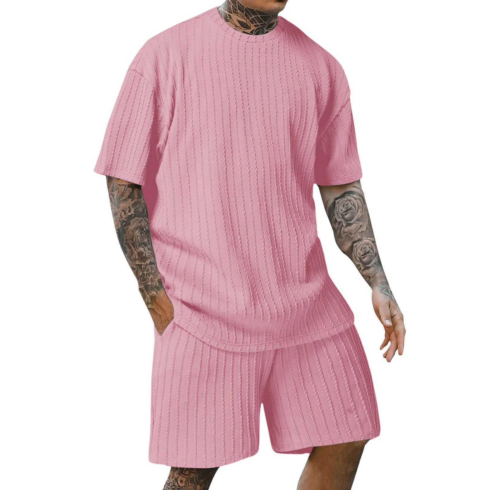 New popular summer mens sports solid color round neck zipper short sleeved T-shirt set with vertical stripesXJ250412